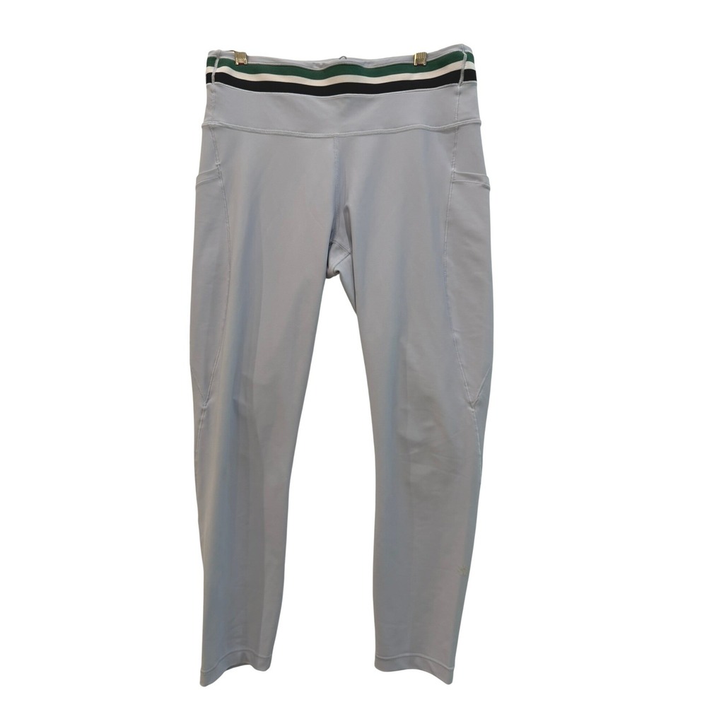 Athleta Interval Stash‎ 7/8 Stripe Tight Leggings Blue Green Waistband Size M